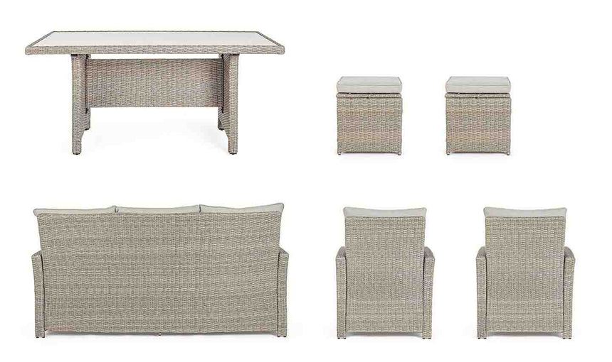 Conjunto Ariel sofá + 2 sillones + 2 taburetes + mesa