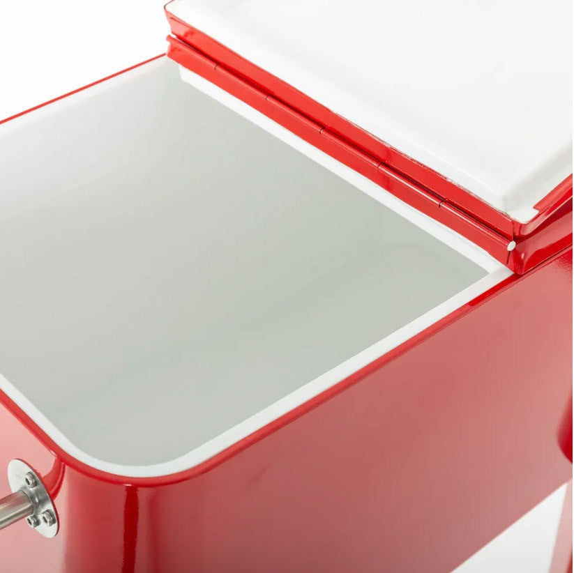 Nevera vintage con ruedas metal rojo