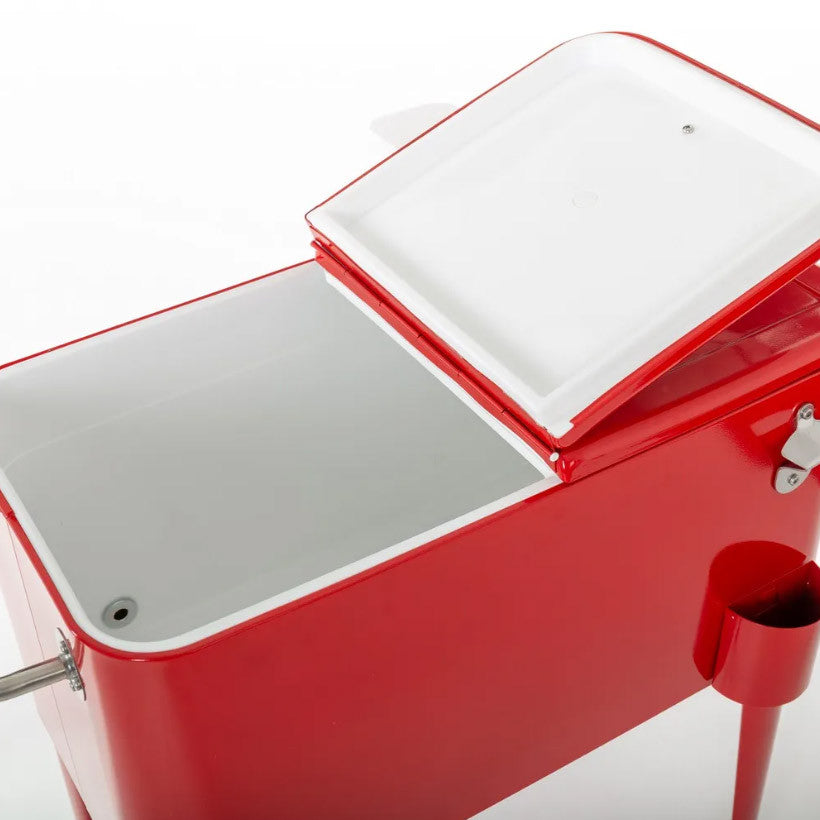 Nevera vintage con ruedas metal rojo