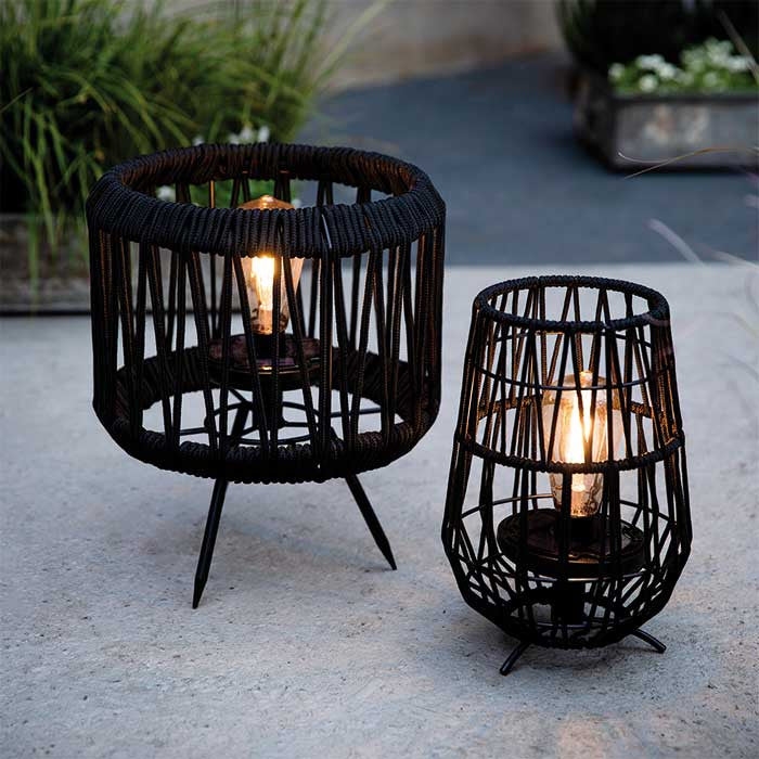 Lámpara solar para jardín, tramado de cuerda color negro, luz cálida