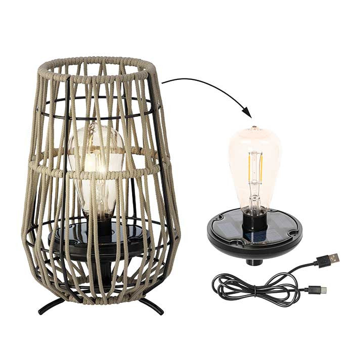 Lámpara solar para jardín, tramado de cuerda color beige, luz cálida