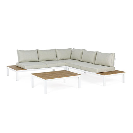 Conjunto Elias sofá en L + mesa, color blanco