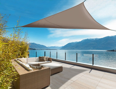 Vela de sombreo impermeable elástica Sunnet Kit, triangular 3,4x3,4x3,4m topo