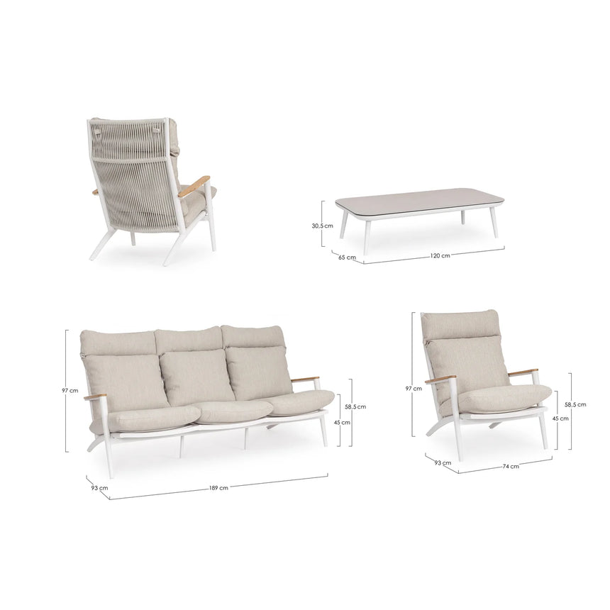 Conjunto Ibisco sofá + 2 poltronas + mesa, branco