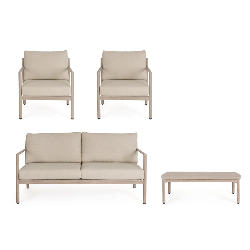 Conjunto Sirius, sofá + 2 poltronas + mesa, madeira