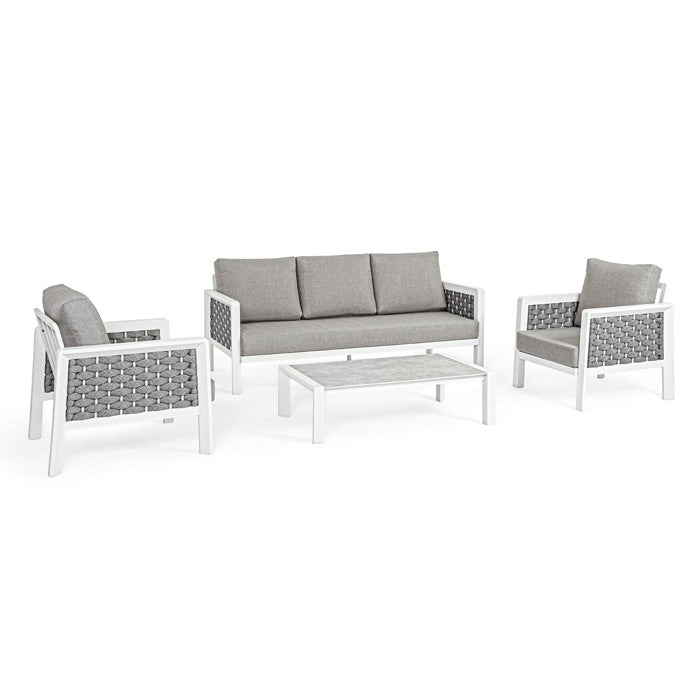 Conjunto Octavio  sofá + 2 sillones + mesa, color blanco