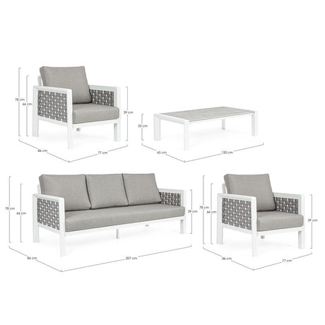 Conjunto Octavio  sofá + 2 sillones + mesa, color blanco