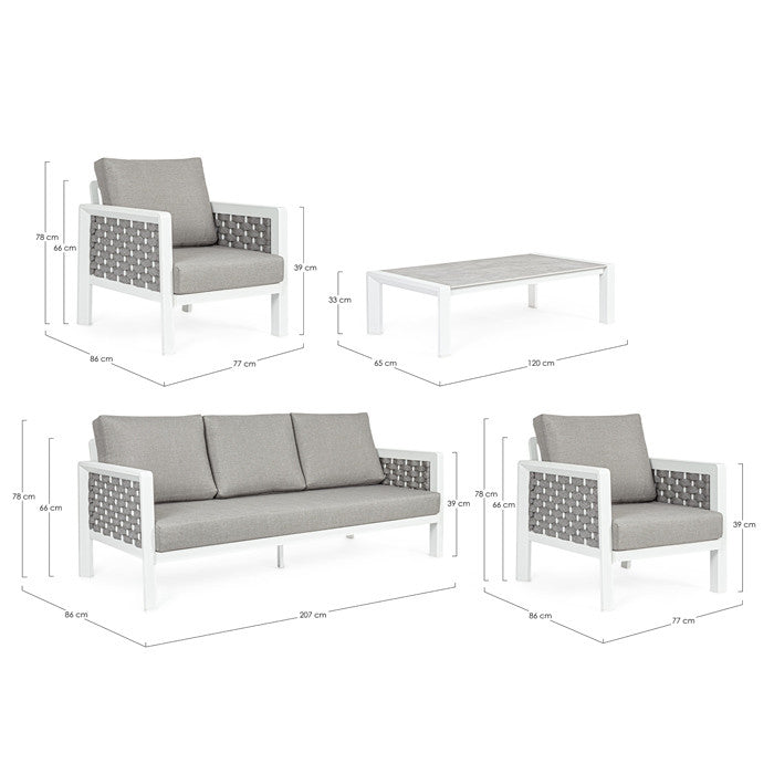 Conjunto Octavio  sofá + 2 sillones + mesa, color blanco
