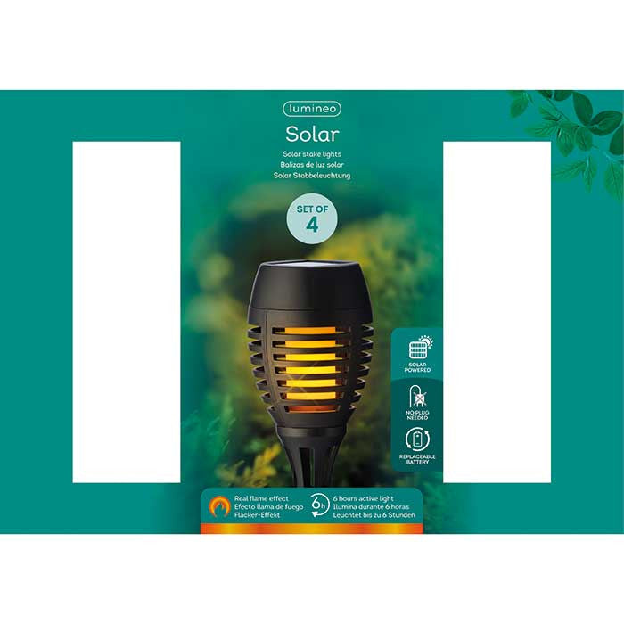 Set de 4 postes solares para jardín, efecto llama