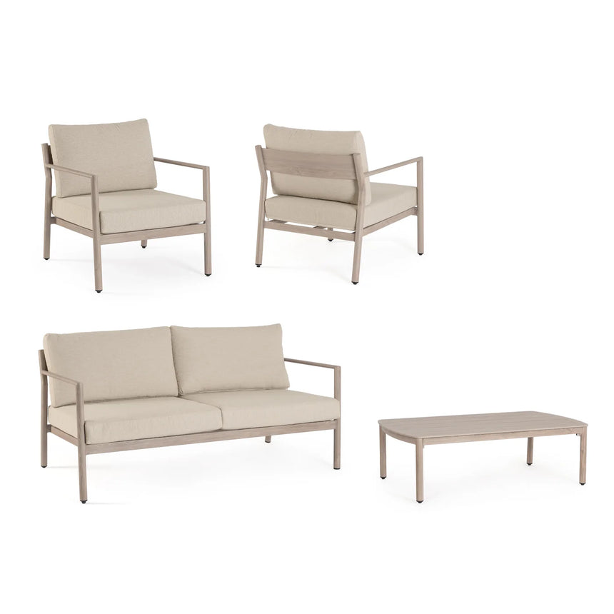 Conjunto Sirius, sofá + 2 poltronas + mesa, madeira
