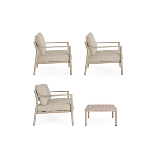 Conjunto Sirius, sofá + 2 poltronas + mesa, madeira