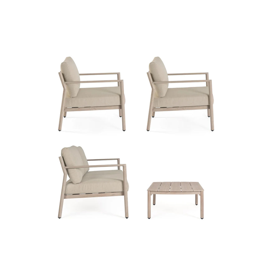 Conjunto Sirius, sofá + 2 poltronas + mesa, madeira